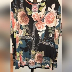 Nice sz L JOHNNY WAS ROSABEL FAVORITE LONG SLEEVE T Shirt Floral Boho Top